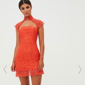 PrettyLittleThing Orange Lace Ring Detail Frill Hem Bodycon Dress Sz 6 NWT